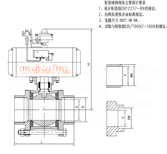 Q611F氣動三片式內(nèi)螺紋球閥結(jié)構(gòu)圖